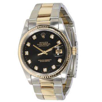 Pre Owned Rolex Black Diamonds 18K Yellow Gold And Stainless Steel Datejust 16013 Men's Wristwatch 36 MM