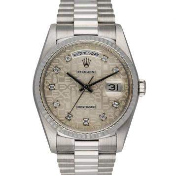 Pre Owned Rolex Silver Diamonds 18K White Gold Day-Date 18239 Men's Wristwatch 36 MM