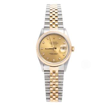 Pre Owned Rolex Champagne 18k Yellow Gold Stainless Steel Diamonds Datejust 16233 Men's Wristwatch 36 mm