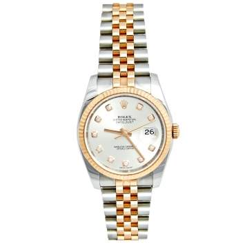 Pre Owned Rolex Silver Diamond 18k Rose Gold Stainless Steel Datejust 116231 Men's Wristwatch 36 mm