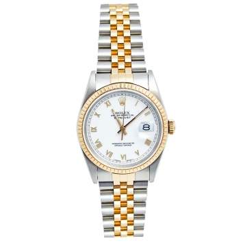 Pre Owned Rolex White 18K Yellow Gold & Stainless Steel Datejust 16233 Automatic Unisex Wristwatch 36 mm