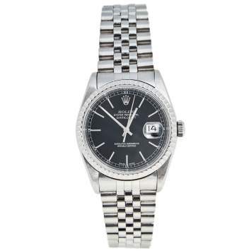 Pre Owned Rolex Black Stainless Steel Datejust 16220 Men's Wristwatch 36 mm