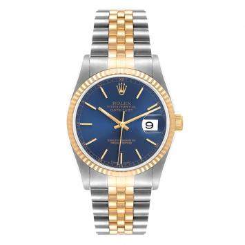 Pre Owned Rolex Blue 18K Yellow Gold And Stainless Steel Datejust 16233 Men's Wristwatch 36 MM