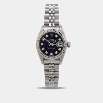 Pre Owned Rolex Black Diamond 18k White Gold Stainless Steel Datejust 79174 Women's Wristwatch 26 mm 