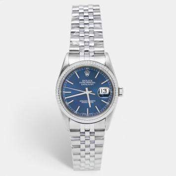 Pre Owned Rolex Blue 18k White Gold Stainless Steel Datejust 16234 Men's Wristwatch 36 mm