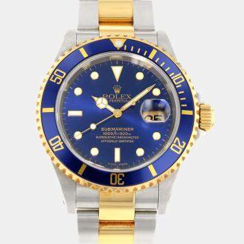 Pre Owned Rolex Blue 18k Yellow Gold And Stainless Steel Submariner Date 16613 Men's Wristwatch 40 mm
