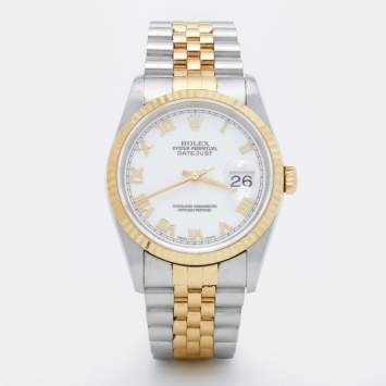 Pre Owned Rolex White 18K Yellow Gold Stainless Steel Datejust 16233 Men's Wristwatch 36 mm