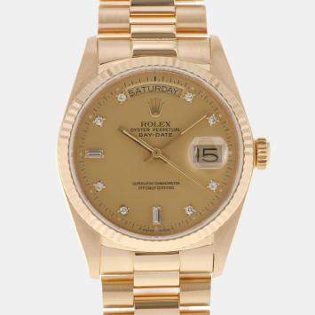 Pre Owned Rolex Champgne Diamonds 18k Yellow Gold Day - Date President 18038 Automatic Men's Wristwatch 36 mm