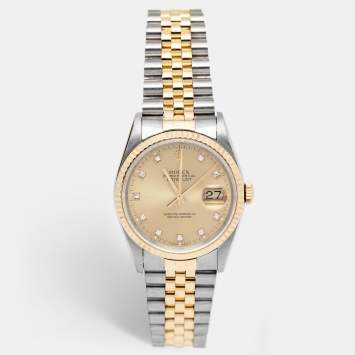 Pre Owned Rolex Champagne Diamond 18k Yellow Gold Stainless Steel Datejust 16233 Men's Wristwatch 36 mm