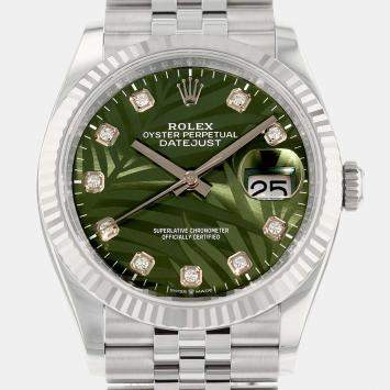 Pre Owned Rolex Green Diamond 18k White Gold And Stainless Steel Datejust 126234 Automatic Men's Wristwatch 41 mm
