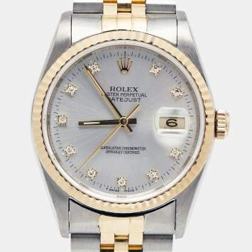 Pre Owned Rolex Silver Diamonds 18K Yellow Gold And Stainless Steel Datejust 16233 Men's Wristwatch 36 MM