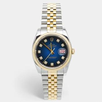 Pre Owned Rolex Blue Vignette 18K Yellow Gold Stainless Steel Diamond Datejust 116233 Men's Wristwatch 36 mm