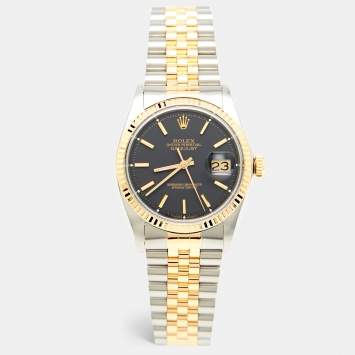 Pre Owned Rolex Black 18K Yellow Gold Stainless Steel Datejust 1601/3 Men's Wristwatch 36 mm
