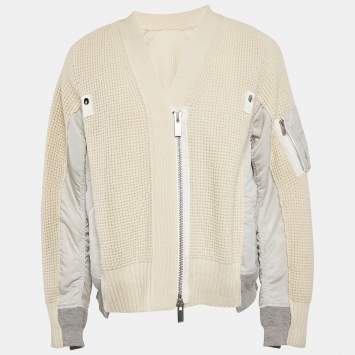 Pre Owned Sacai Beige Crochet and Nylon Zip-Up Jacket L