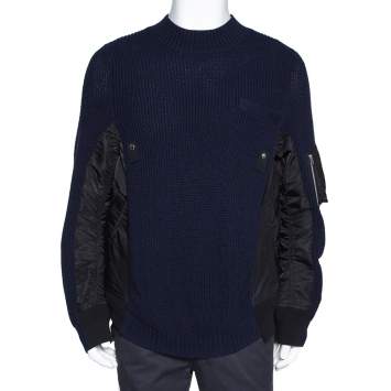 Sacai Navy Blue Rib Knit Wool Paneled Pullover M