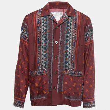Pre Owned Sacai Brown Printed Polyester Button Front Full Sleeve Shirt L
