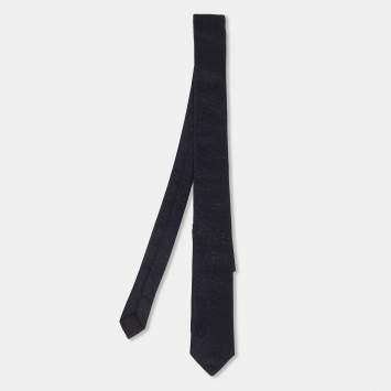 Pre Owned Saint Laurent Paris Dark Navy Lurex Silk Skinny Tie 