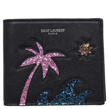 Pre Owned Saint Laurent Black Leather Palm Tree Wallet