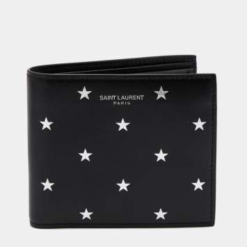 Pre Owned Saint Laurent Black Leather Star Printed Bifold Wallet