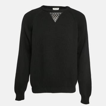 Saint Laurent Paris Black Studded Leather Trim Rib Knit Sweater XXL