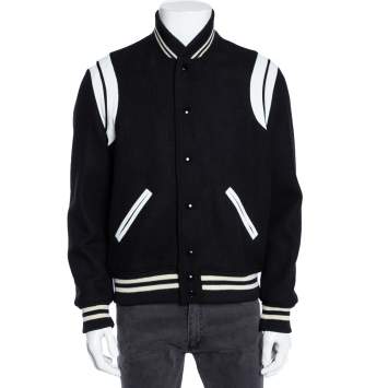 Pre Owned Saint Laurent Black Wool & Leather Trim Detailed Teddy Jacket L 