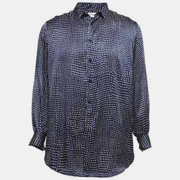 Pre Owned Saint Laurent Navy Blue Polka Dot Patterned Silk Shirt M