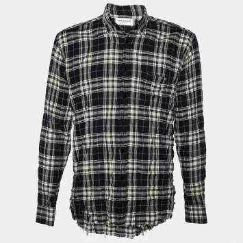 Pre Owned Saint Laurent Black Checkered Cotton Frayed Hem Button Front Shirt L