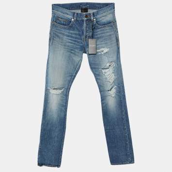 Pre Owned Saint Laurent Blue Distressed Denim Slim Fit Jeans S/Waist 32"