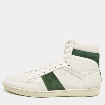 Pre Owned Saint Laurent White/Green Leather and Suede High Top Sneakers Size 44