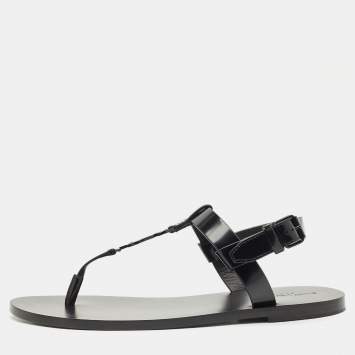 Saint Laurent Black Leather Cassandre Thong Sandals Size 45
