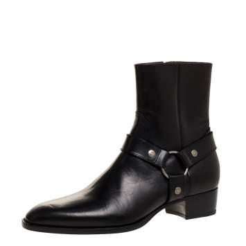 Pre Owned Saint Laurent Black Leather Harness Ankle Boots Size 42