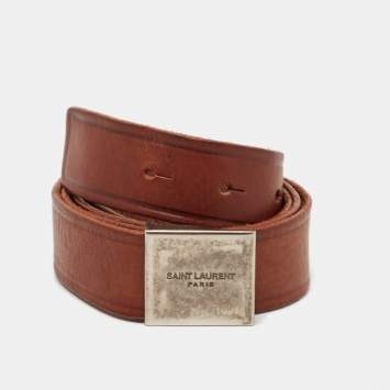 Pre Owned Saint Laurent Brown Leather Logo Plague Belt 95CM