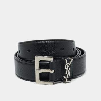 Saint Laurent Black Leather Cassandre Buckle Belt 95 CM
