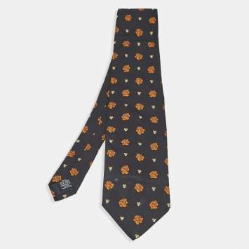Pre Owned Yves Saint Laurent Black Floral Print Silk Traditional Tie 