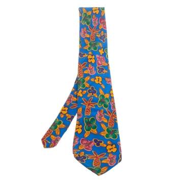 Pre Owned Yves Saint Laurent Blue Floral Print Silk Tie