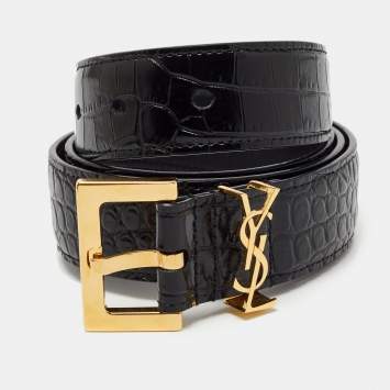 Pre Owned Saint Laurent Black Croc Embossed Glossy Leather Monogram Buckle Belt 80CM