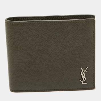Pre Owned Saint Laurent Olive Green Leather Tiny Cassandre East/West Bifold Wallet