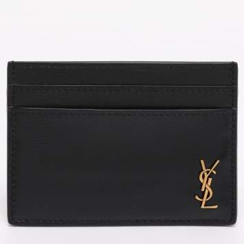 Pre Owned Saint Laurent Black Leather Tiny Cassandre Card Holder