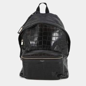 Pre Owned Saint Laurent Paris City Backpack Black Croco Embossed Leather