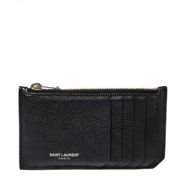 Pre Owned Saint Laurent Paris Black Leather Zip Card Holder 