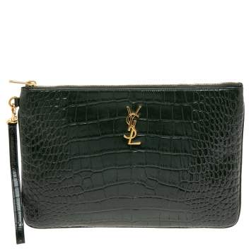 Pre Owned Saint Laurent Green Croc Embossed Leather Pouch 