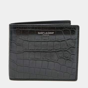 Pre Owned Saint Laurent Black Croc Embossed Leather East/West Bifold Wallet