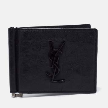 Pre Owned Saint Laurent Black Croc Embossed Leather Bifold Money Clip