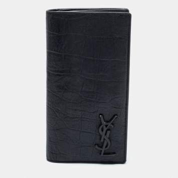 Pre Owned Saint Laurent Black Croc Embossed Leather Cassandre Long Wallet
