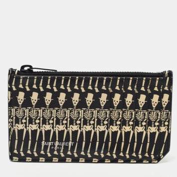 Pre Owned Saint Laurent Black/White Grain Skeleton Print Leather Zip Card Holder