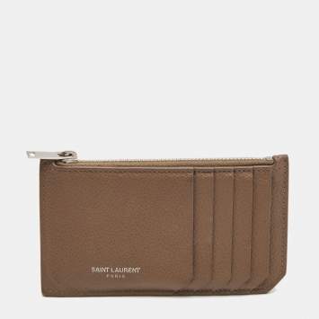 Pre Owned Saint Laurent Beige Leather Zip Card Case