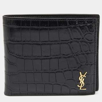 Pre Owned Saint Laurent Black Croc Embossed Leather Bifold Wallet