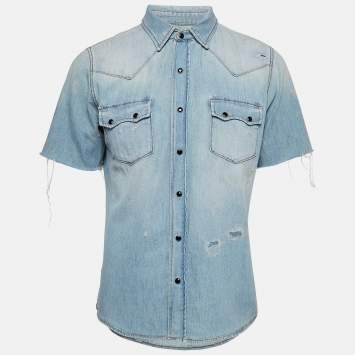 Pre Owned Saint Laurent Blue Distressed Denim Shirt M