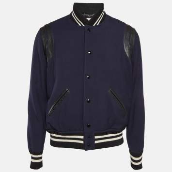 Pre Owned Saint Laurent Blue/Black Leather Trim Wool Bomber Jacket L