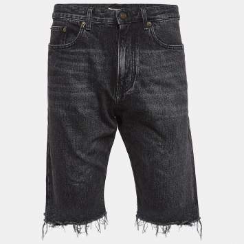 مملوكة مسبقًا Saint Laurent Paris Black Washed Denim Raw Edge Shorts Waist 32"